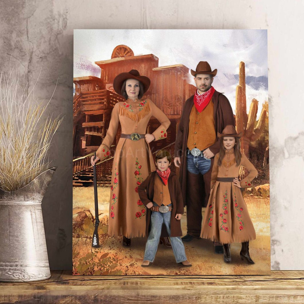 Portrait of a family dressed in historical royal clothes with hats stands on a wooden shelf near a gray vase