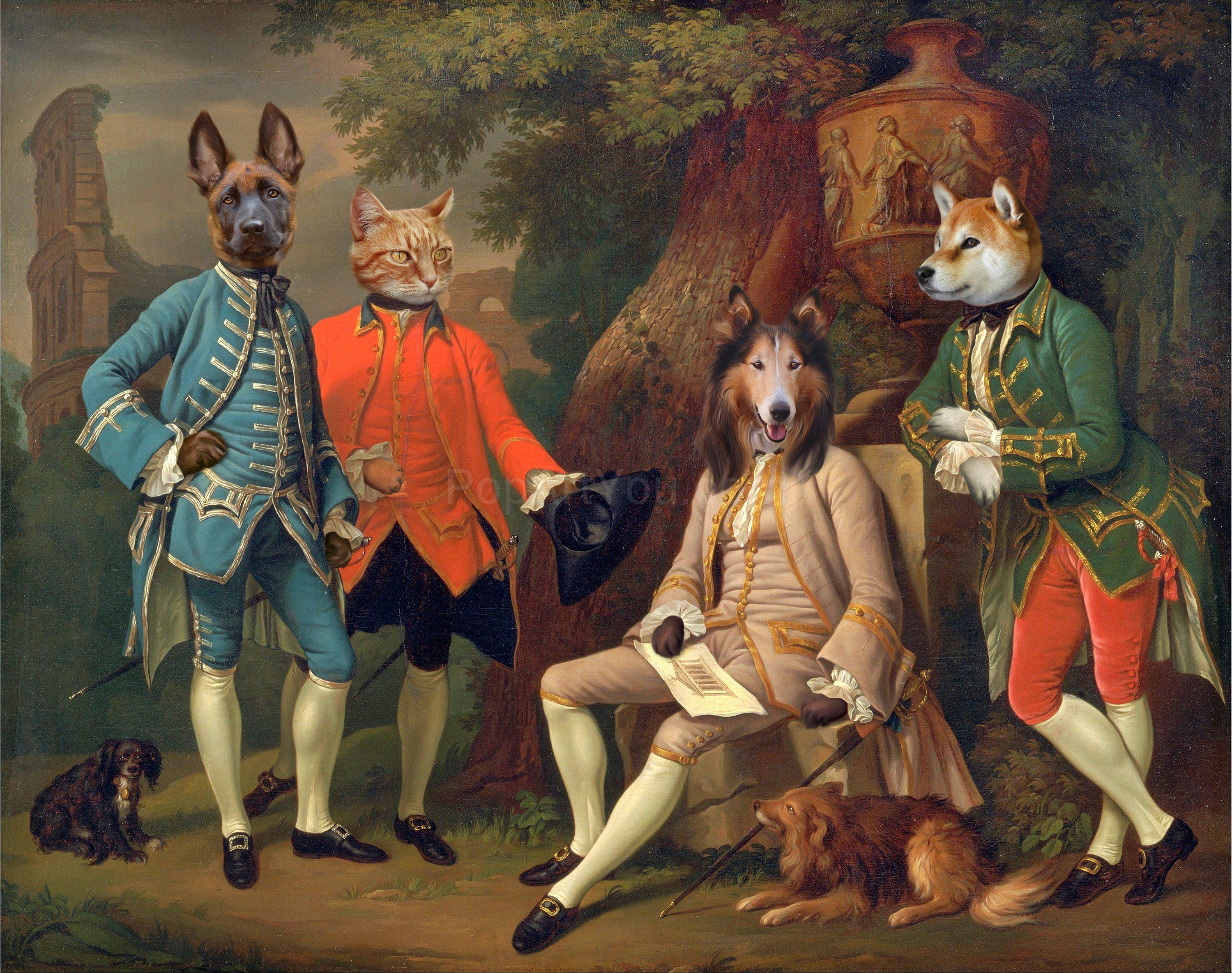 The portrait shows three dogs and a cat with human bodies dressed in historical regal attires standing in the forest