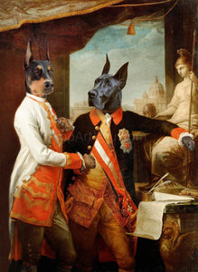 The portrait shows a pair of two dogs with human bodies dressed in red royal clothes