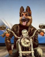 The portrait shows a biker dog with a human body riding a motorcycle