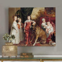 Load image into Gallery viewer, Portrait of five children dressed in historical royal clothes standing near a large dog hangs on a gray wall near a golden vase
