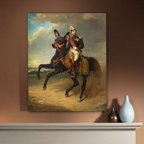 A portrait of a man dressed in historical royal clothes running on a huge dog hangs on a beige wall