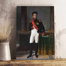 Load image into Gallery viewer, A portrait of a man dressed in historical royal clothes standing near a green table stands on a wooden table
