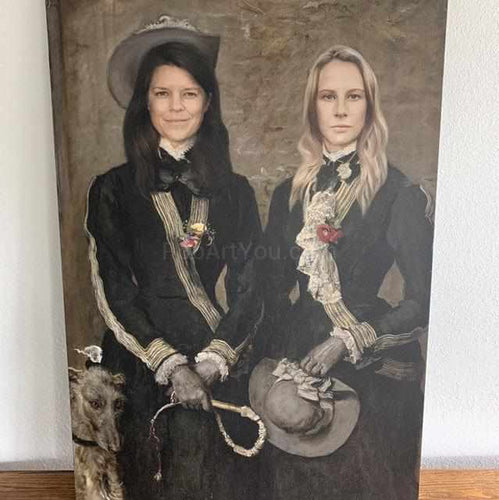 Portrait of two women with a dog dressed in black royal clothes stands on a wooden floor