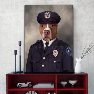 A portrait of a dog dressed in a New York Policeman's clothes stands on a black shelf near the clock